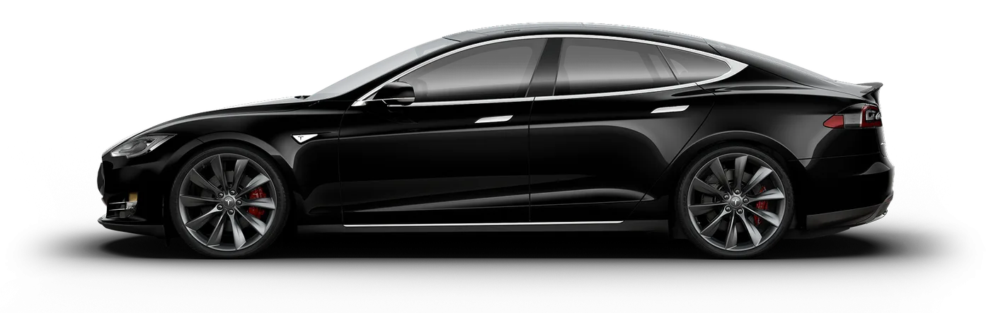 Side view of a sleek black Tesla Model S electric sedan with tinted windows and silver trim.